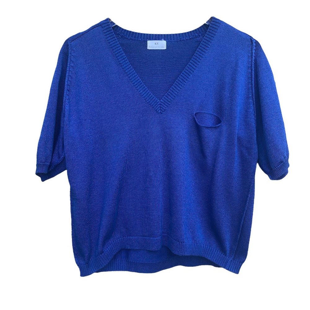 K.T. Comme Ça Du Mode Blue V-Neck Short Sleeve Knit Top size Large